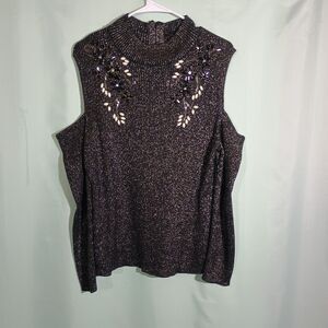 Women’s Metallic Knit Cold Shoulder Top – Embellished High Neck Sparkle Blouse